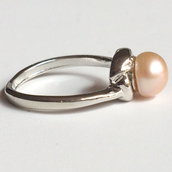 Peach Pearl Ring Solitaire Dainty Size 5 6 7 Vintage Cultured Silver Plated - Picture 7 of 10